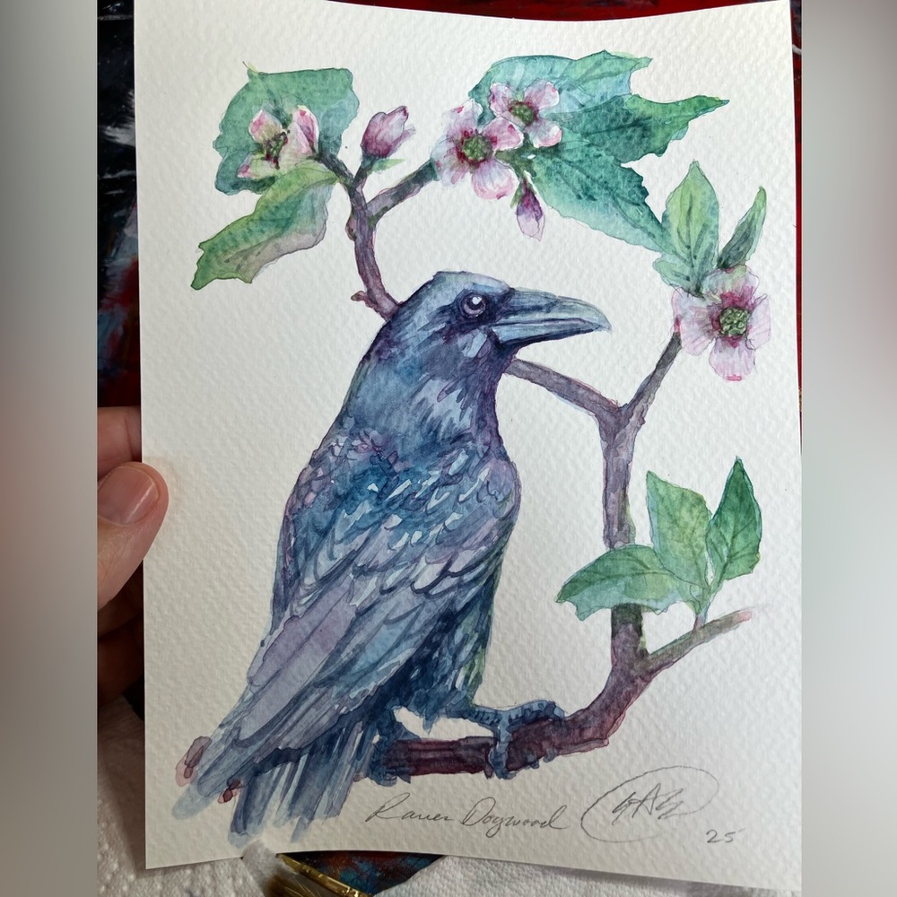 Raven Original painting dogwood floral art watercolor bird blossoms Artettina